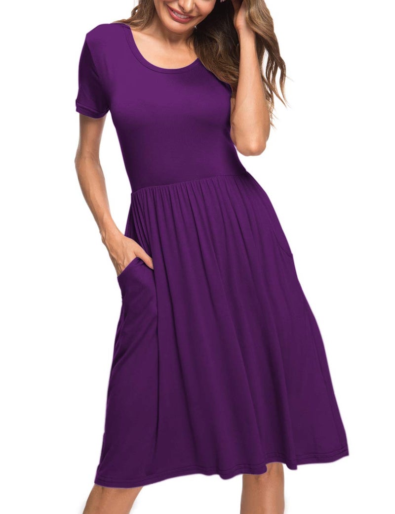 AUSELILY Women's Short Sleeve Empire Waist Dress Pleated Loose Swing Knee Length Dresses with Pockets 2026 New Purple XL - Image 3